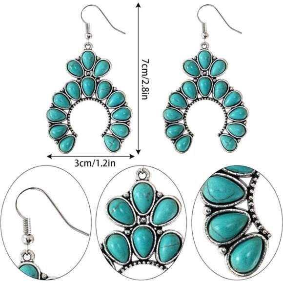 4 PCS Western Turquoise Set Necklace, Dangle Earrings, Stackable Bracelet Boho - Picture 3 of 7